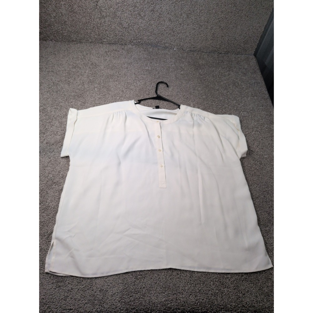 Ann‎ Taylor Womens XL Cream White Short Sleeve Henley Button Front Blouse Top